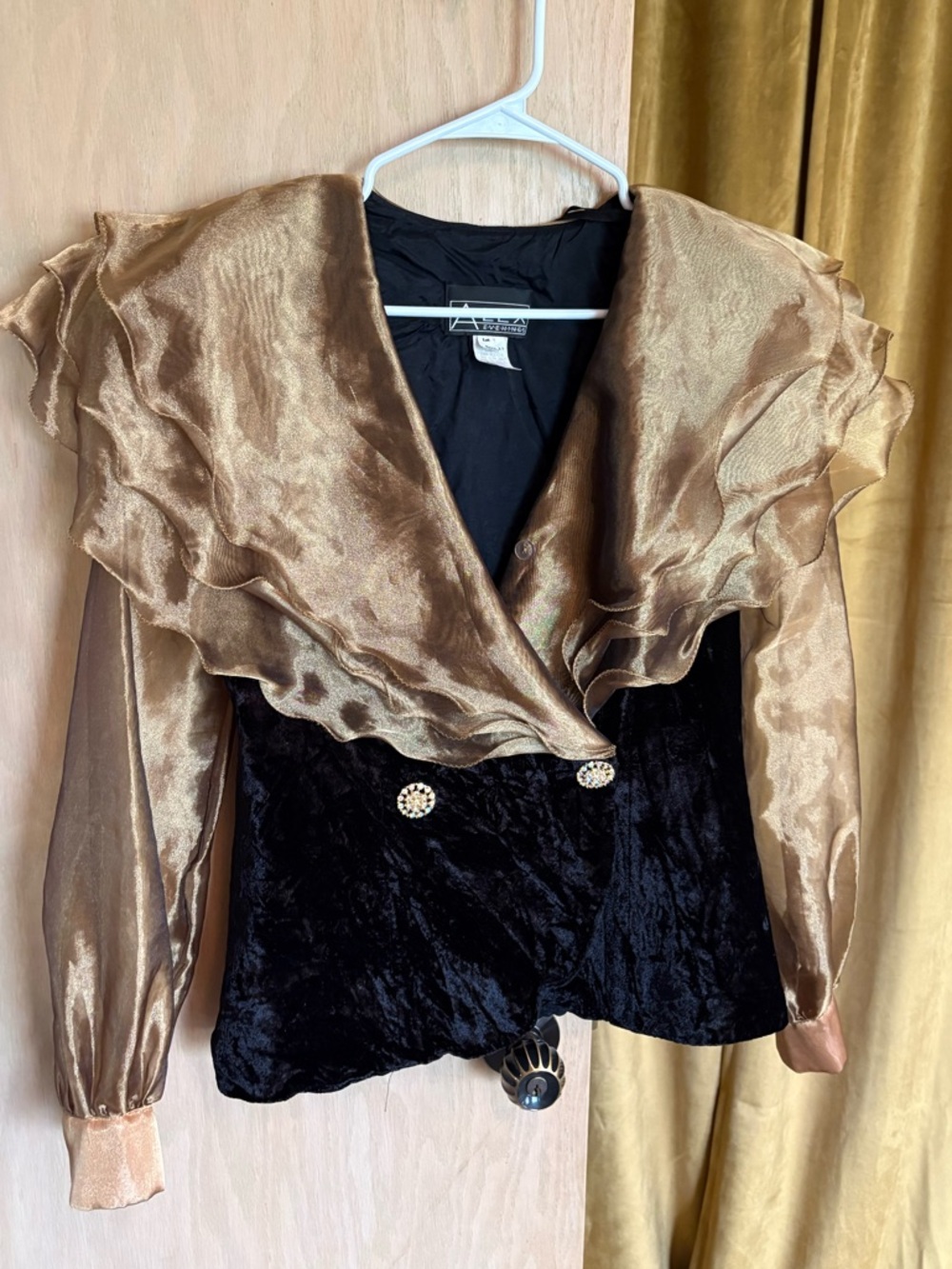Vintage Black Velvet and Gold Satin Wrap Top